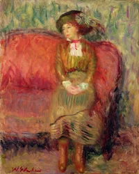 Girl Seated on a Red Sofa